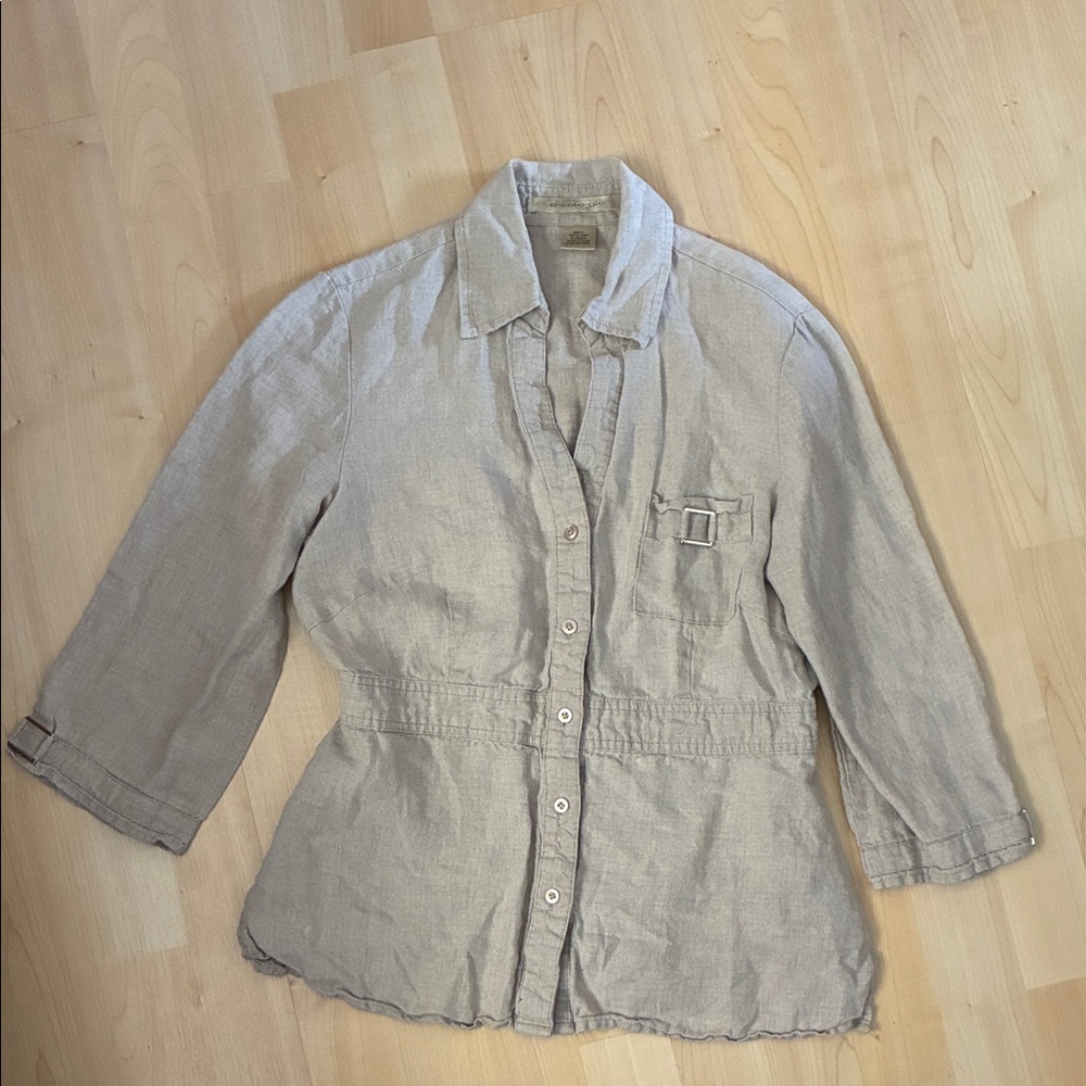 Beige Button-Up Linen Shirt/ Top S 2-4
